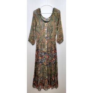 Figueroa & Flower Floral Maxi Dress Green Tiered 3/4 Sleeve Size XL Cottagecore